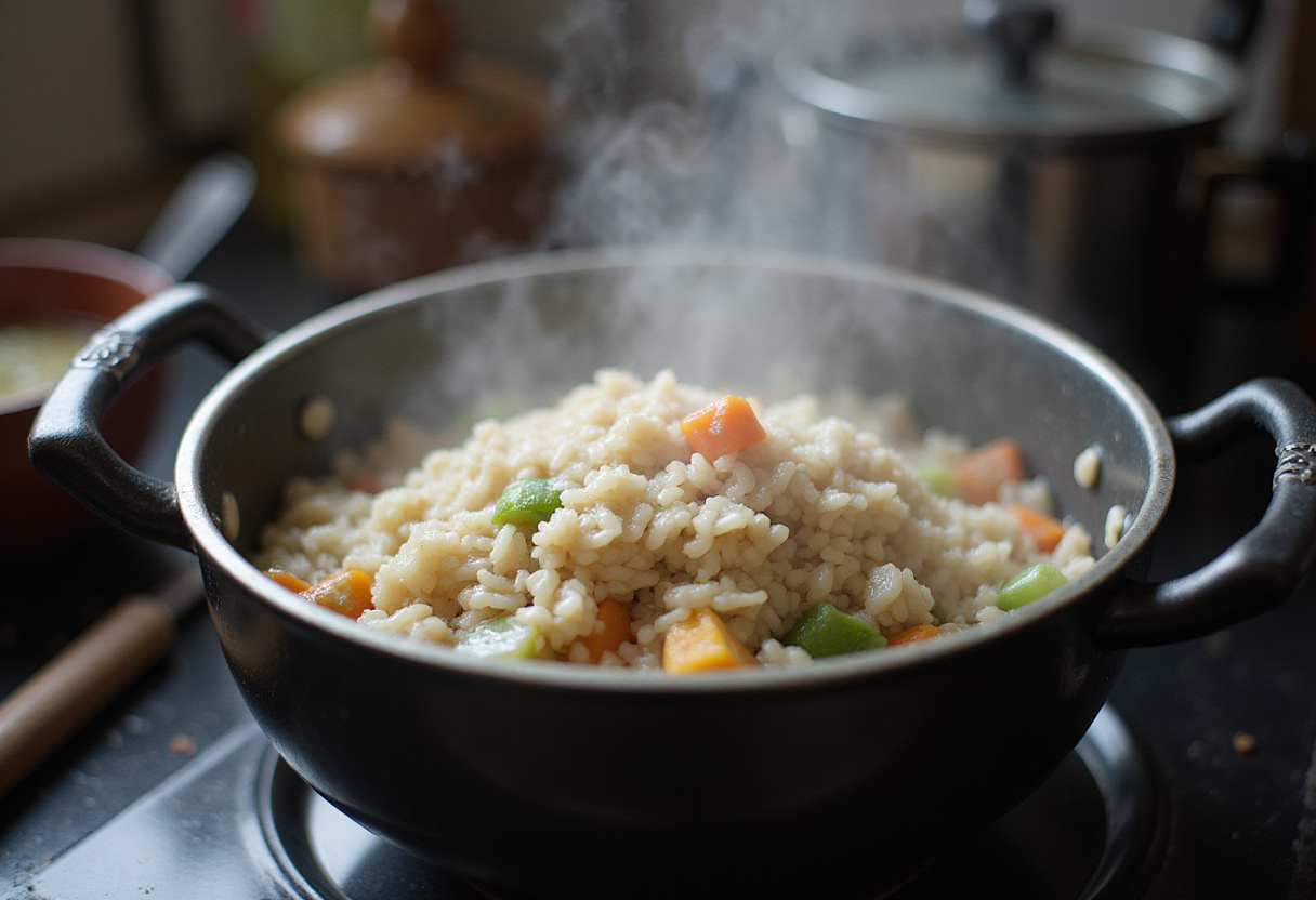 Cooking rice and veggies for stuffed bell peppers, warm kitchen setting, healthy meal preparation, steaming pot with fresh ingredients.