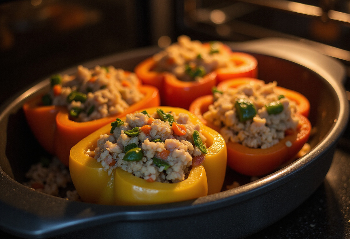 Stuffed bell peppers with rice and veggies ready for baking, colorful dish in the oven, delicious meal preparation, homey kitchen vibe.