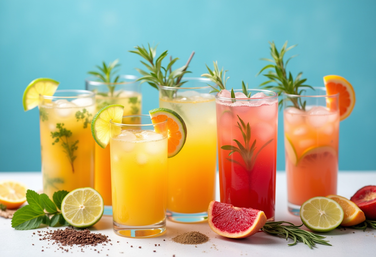 Assorted summer detox drinks displayed on a table with vibrant colors of fruits and herbs under the sun, perfect for hydration.