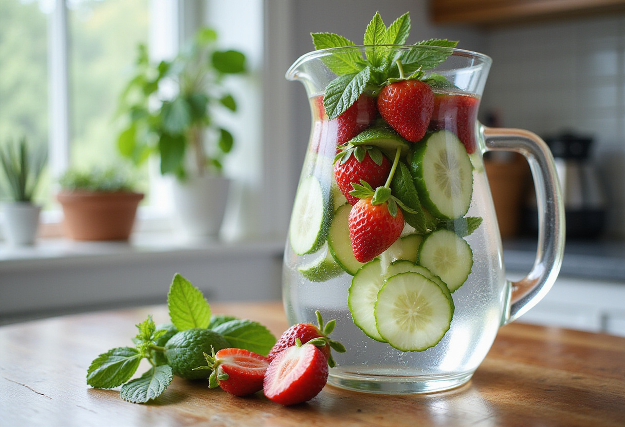 Refreshing summer detox drink preparation with cucumber, strawberry, and mint in a pitcher for hydration.