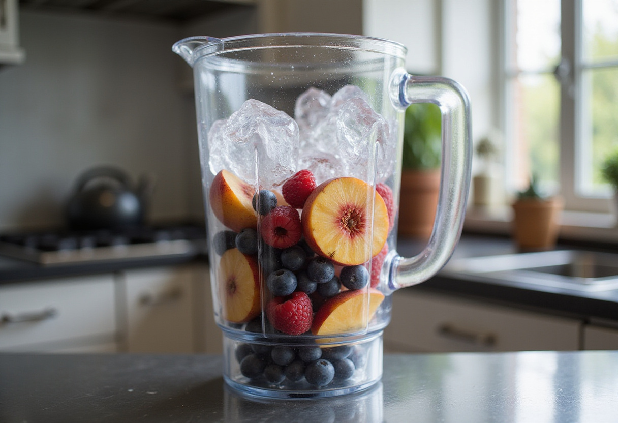 Blending colorful fruits for a delicious summer detox drink, featuring blueberries, raspberries, and peaches.