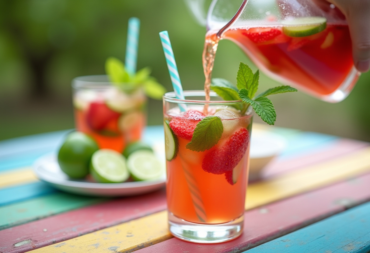 Pouring a refreshing summer detox drink with fruits and herbs into a glass for a cooling beverage.