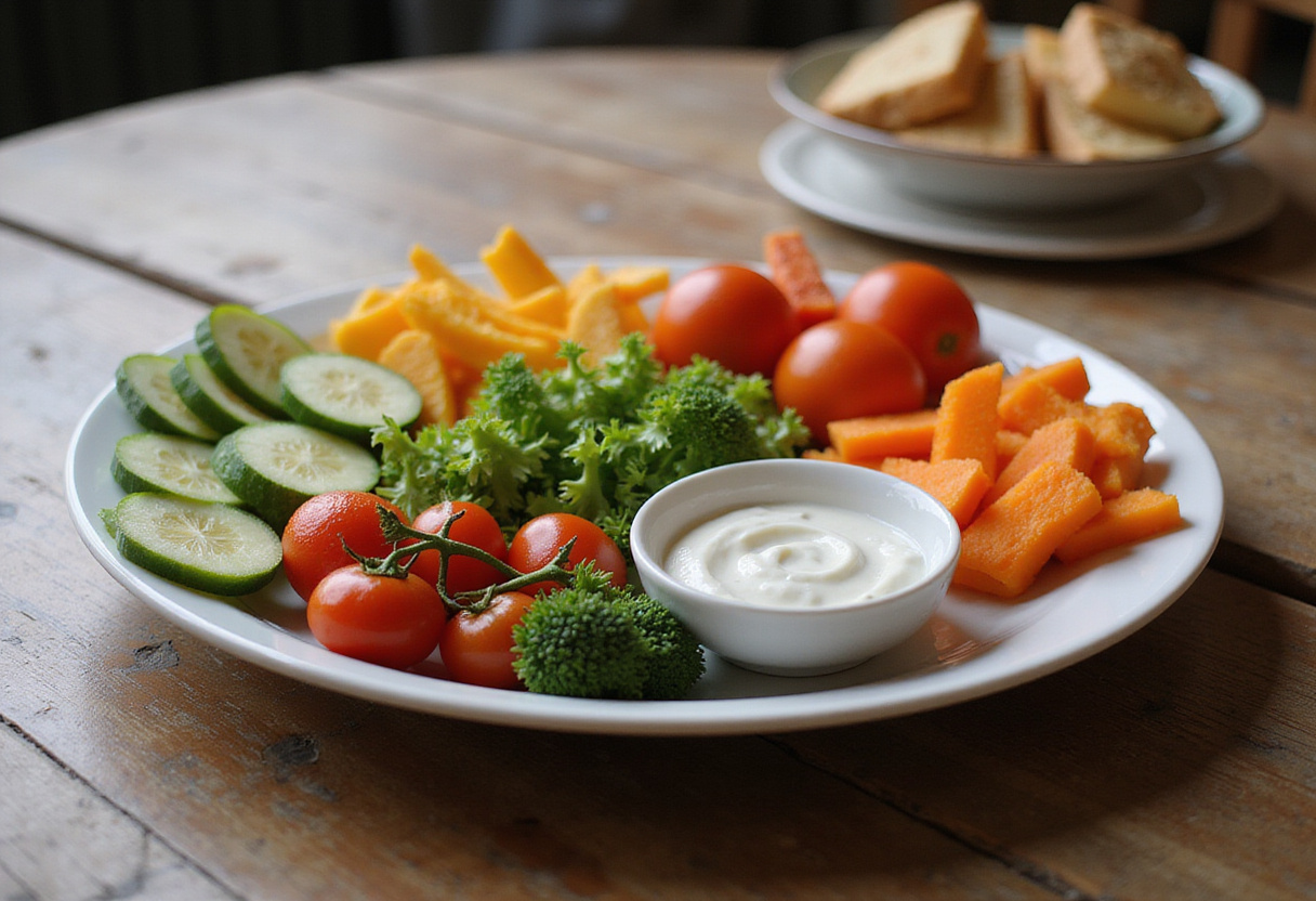 The final result of a Supermodel Snack: a colorful assortment of fresh vegetables paired with a creamy yogurt dip, showcasing healthy eating.