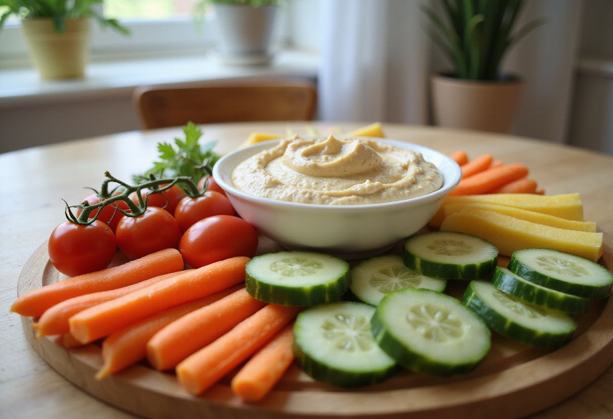 Fresh ingredients for a Supermodel Snack including sliced cucumbers, cherry tomatoes, and hummus show healthy snacking options.