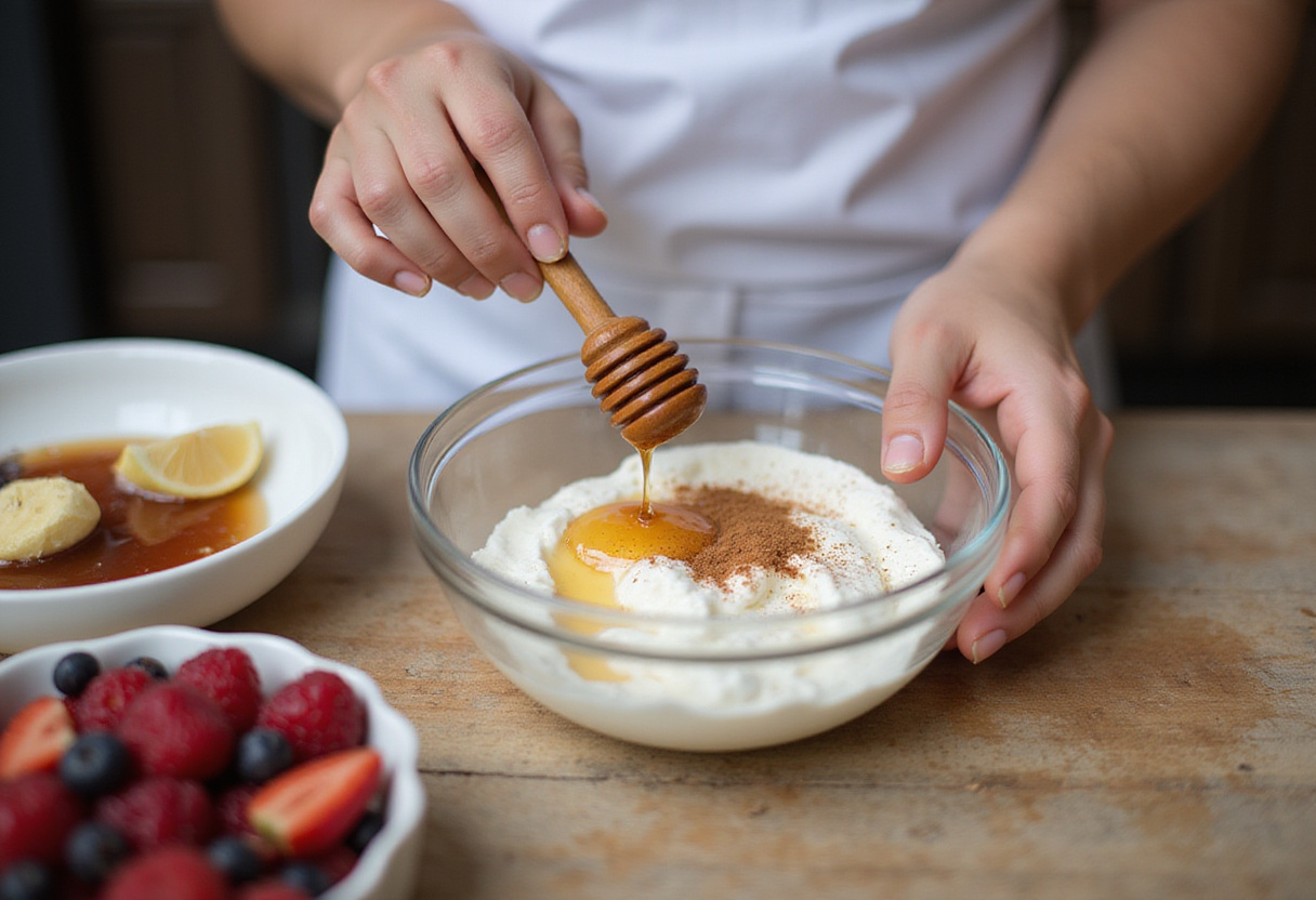 Creating a creamy dip with Greek yogurt, honey, and cinnamon for adding flavor to a Supermodel Snack with fresh fruits on display.