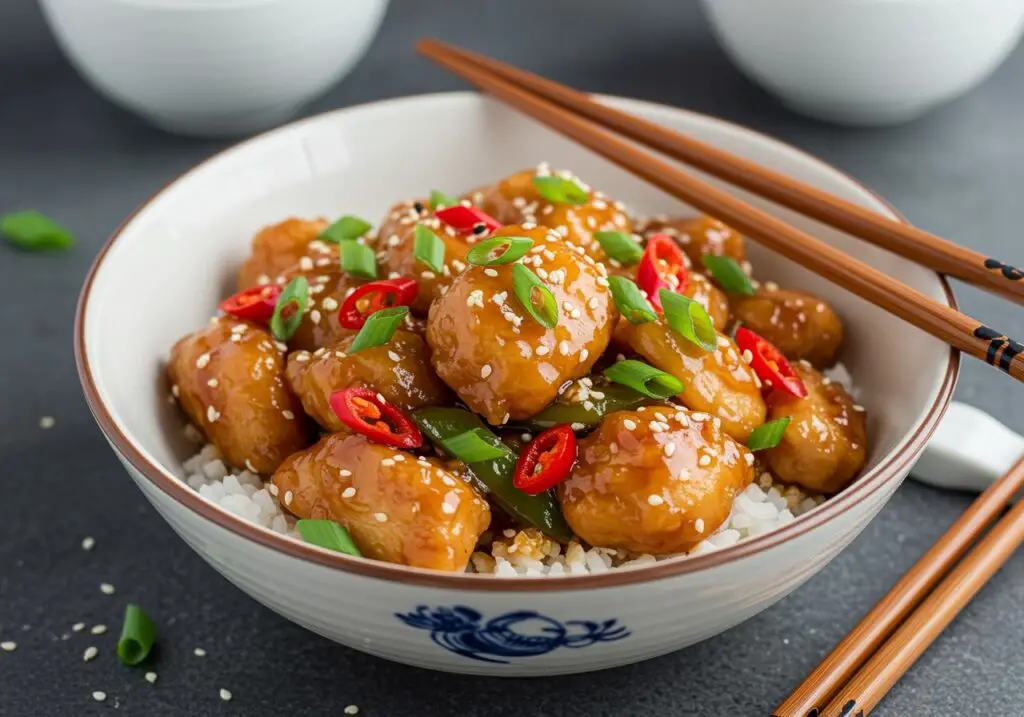Delicious and beautifully presented Sweet Chili Chicken ready to serve, showcasing vibrant flavors and garnishes.