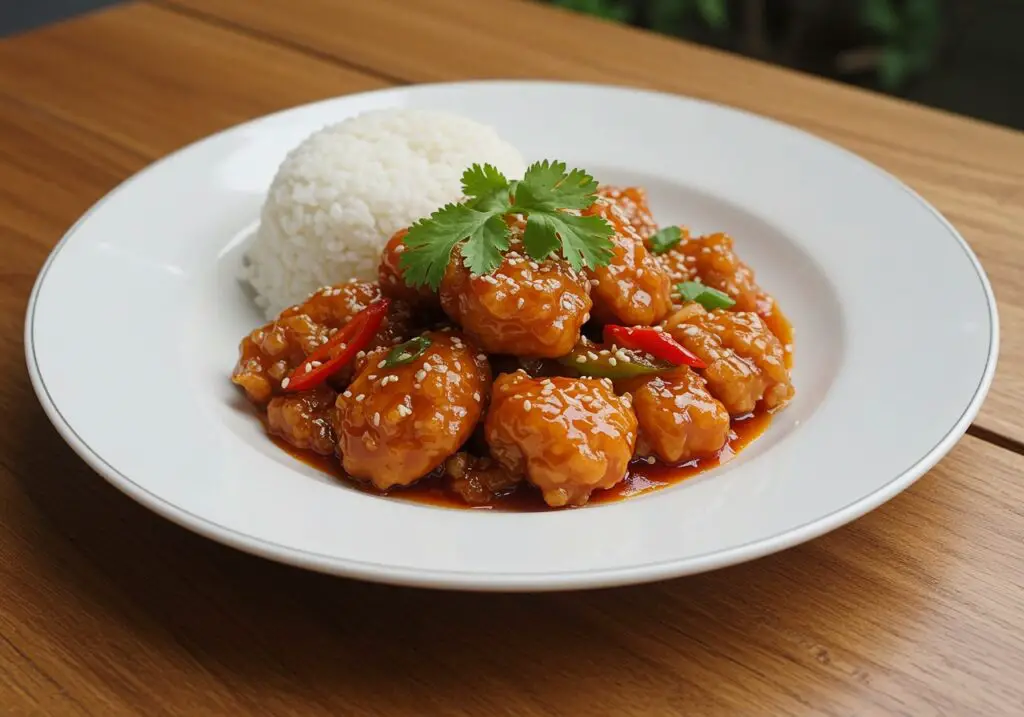 Final presentation of Sweet Chili Chicken served with rice, garnished with cilantro, in a warm and inviting dining setting.