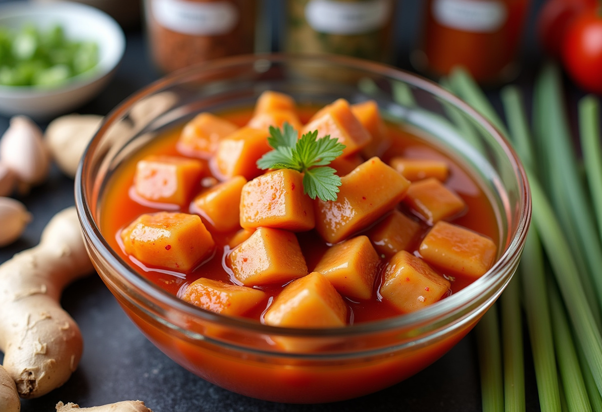 Tender marinated chicken fillets in sweet chili sauce with spices and fresh ingredients around, perfect for Sweet Chili Chicken Recipe.