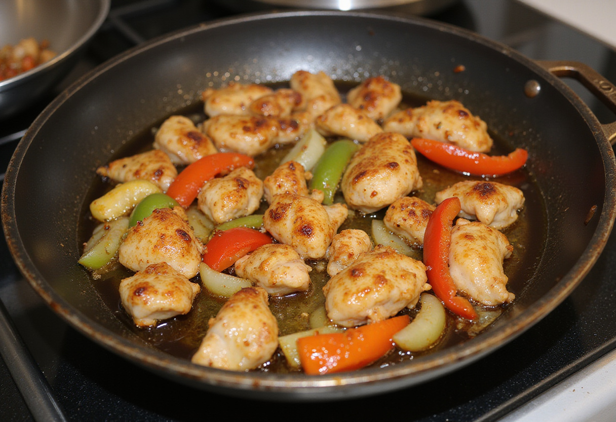 Golden-brown sautéed chicken with bell peppers and onions in a skillet, illustrating the cooking process of Sweet Chili Chicken.