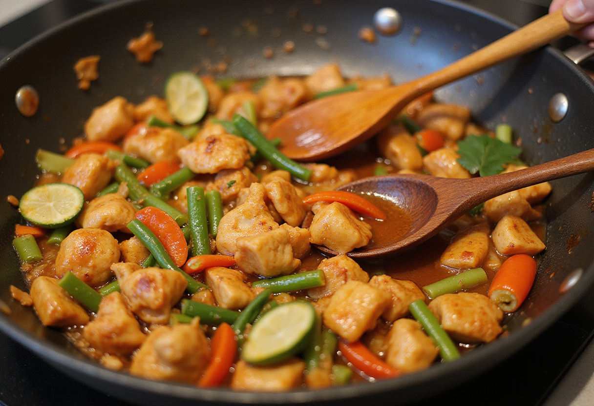 Cooking the flavorful Sweet Chili Chicken in a frying pan, with tender chicken and colorful vegetables being combined in a rich sauce.