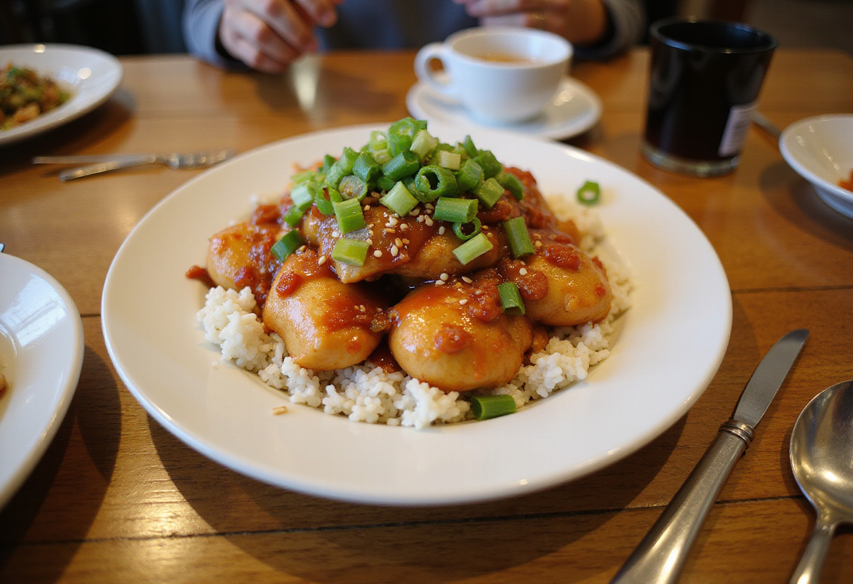 Plated sweet chili chicken over rice, garnished for an elegant presentation, an appetizing finish to the Sweet Chili Chicken Recipe.
