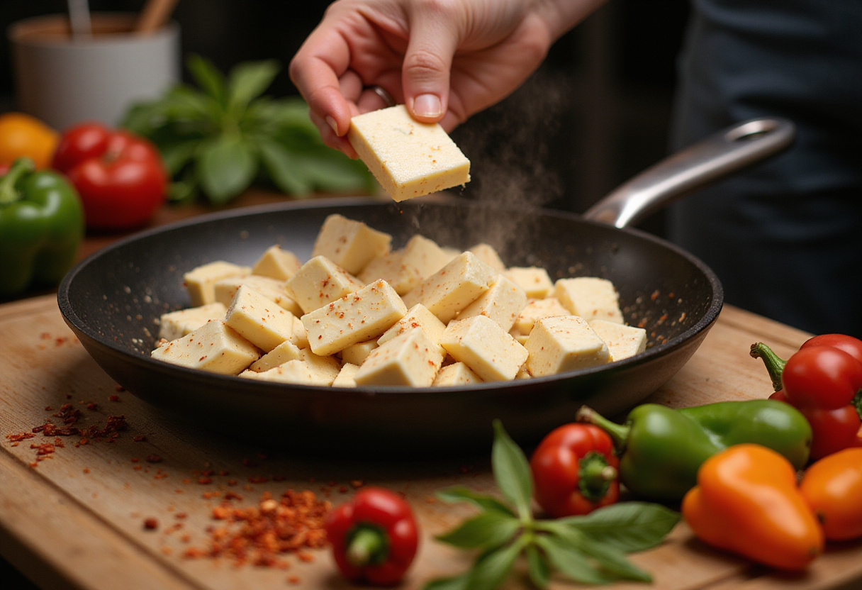 Sizzling halloumi cheese in skillet with colorful peppers and chili flakes for Sweet Chili Halloumi Wraps.