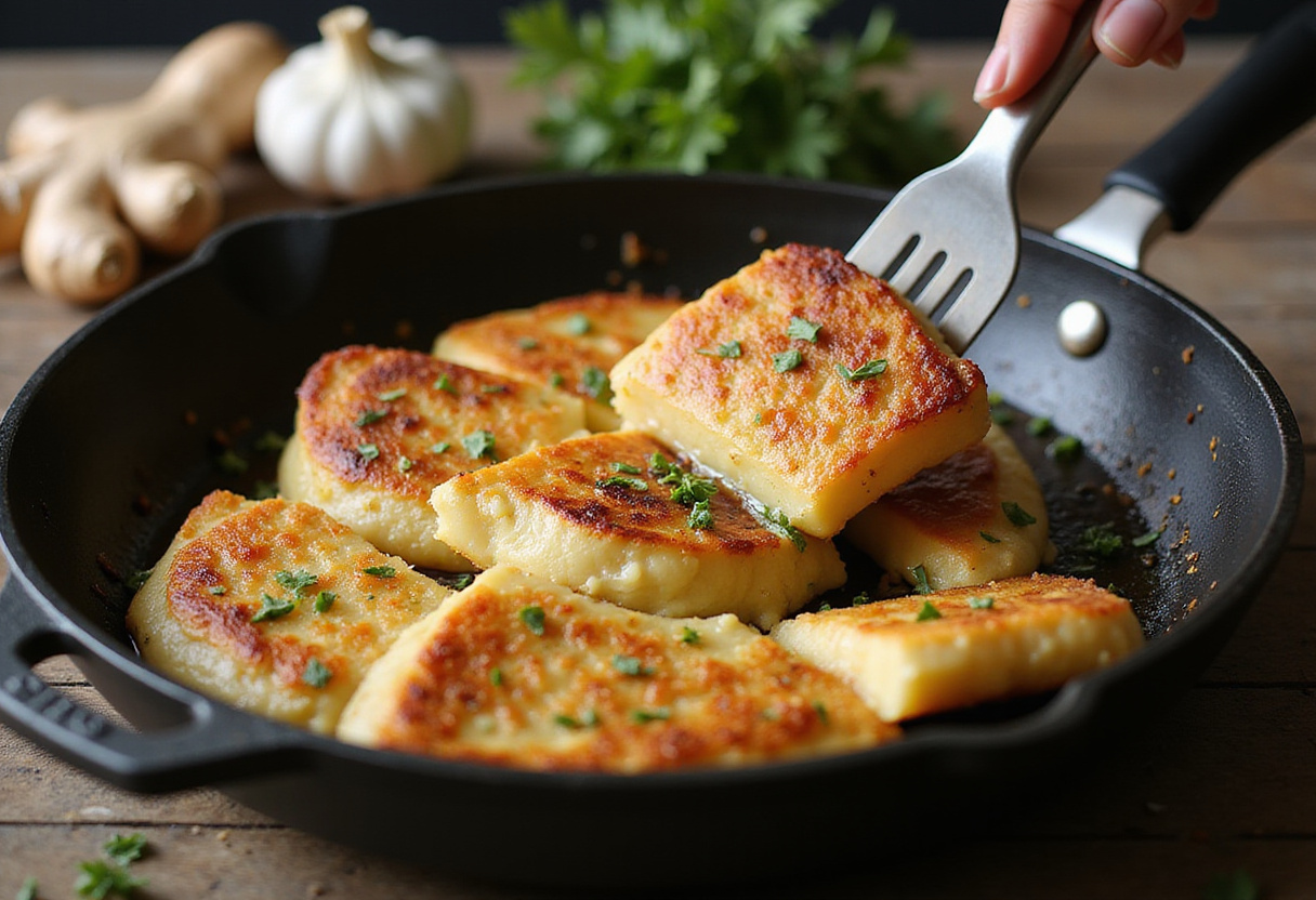 Golden-brown halloumi cheese being cooked for Sweet Chili Halloumi Wraps, showcasing garlic and ginger for flavor.