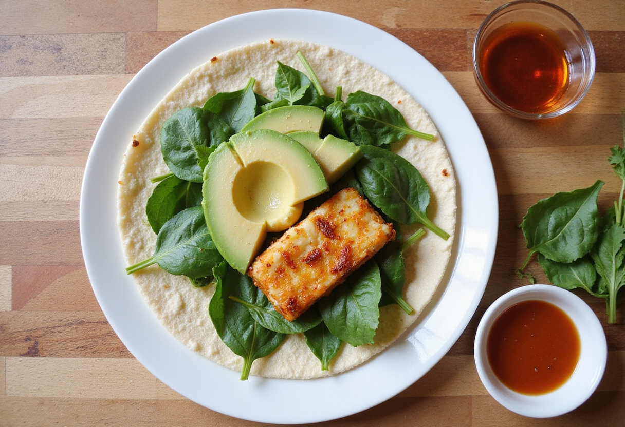 Fresh tortillas filled with spinach, avocado, and pan-seared halloumi for Sweet Chili Halloumi Wraps preparation.