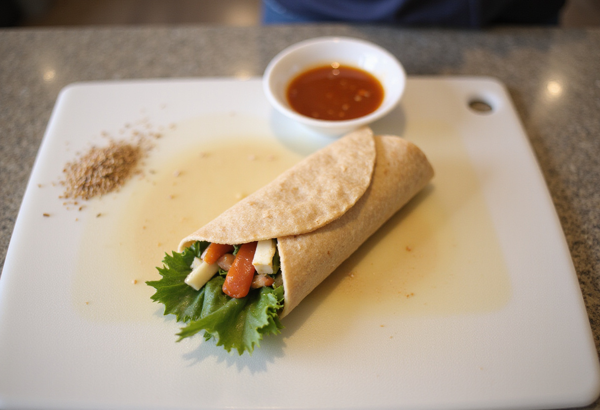 Rolling wraps filled with halloumi and fresh veggies for Sweet Chili Halloumi Wraps with dipping sauce.