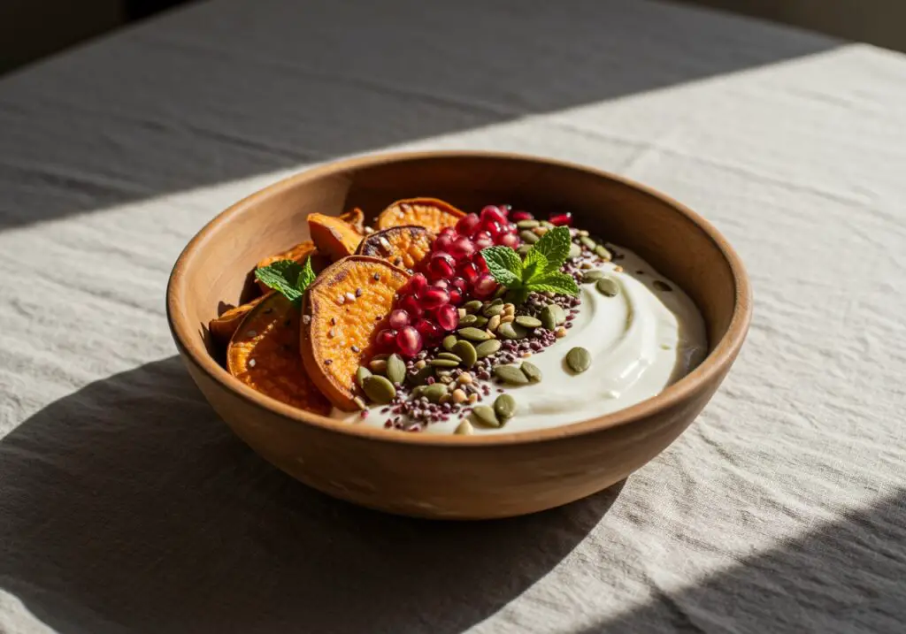 Final presentation of a sweet potato breakfast bowl, showcasing the vibrant colors and nutritious ingredients, perfect for a healthy breakfast.