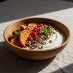 Final presentation of a sweet potato breakfast bowl, showcasing the vibrant colors and nutritious ingredients, perfect for a healthy breakfast.