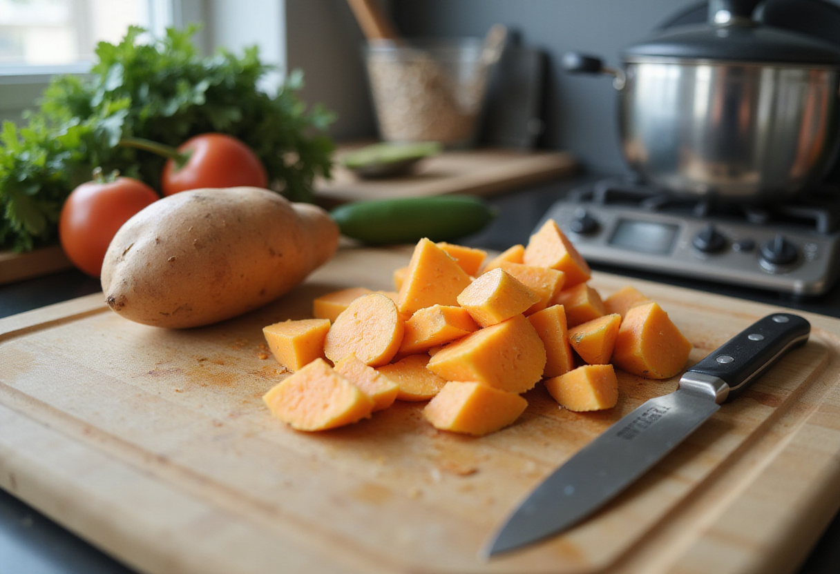 Preparing sweet potatoes for a delicious breakfast bowl, featuring fresh sweet potatoes on a cutting board in a bright kitchen.
