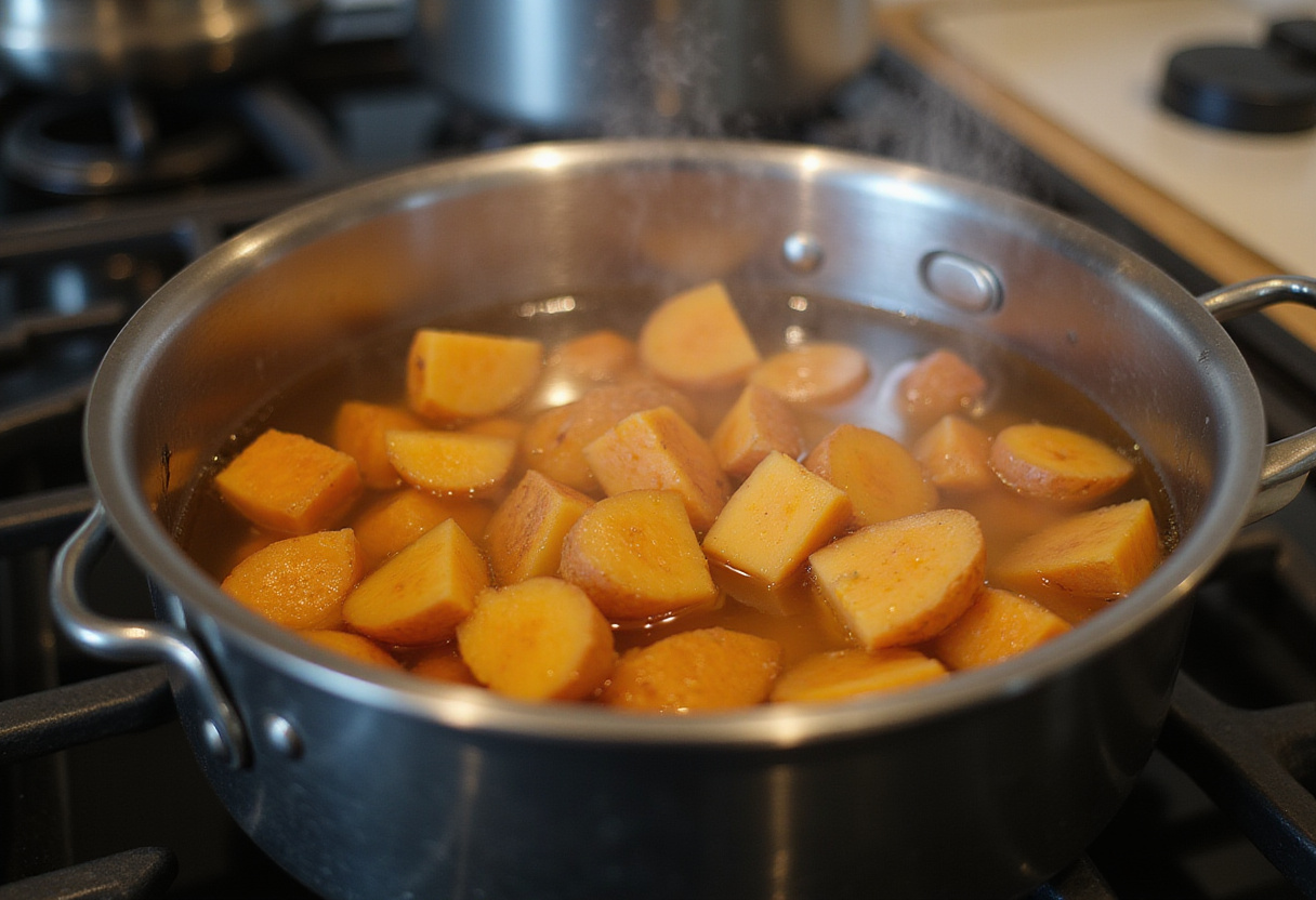 Cooking diced sweet potatoes in boiling water for the perfect breakfast bowl, complete with steam rising in a warm kitchen ambiance.