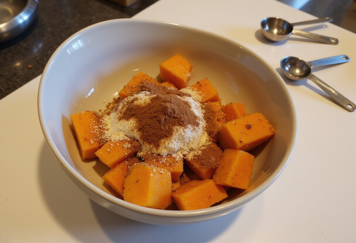 Mixing sweet potatoes with delicious spices and toppings, ready to be served in a wholesome breakfast bowl, displayed on a kitchen countertop.