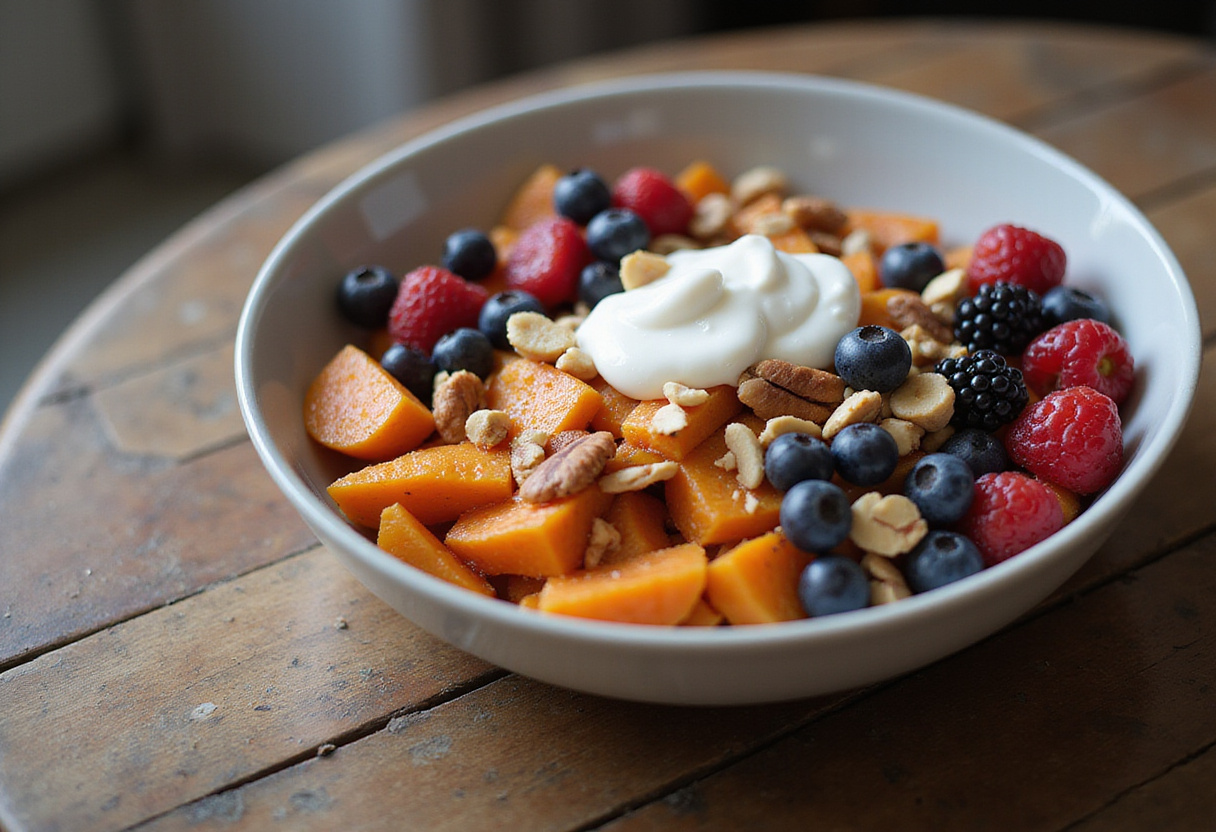 Assembling a colorful sweet potato breakfast bowl with toppings like nuts and berries for a nutritious start to the day, artfully presented on a rustic table.
