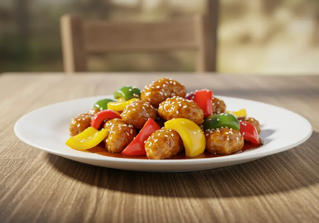 Final presentation of Sweet & Sour Chicken, a low-calorie and high-protein dish, showcasing colorful ingredients and garnished for an appetizing look.