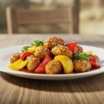 Final presentation of Sweet & Sour Chicken, a low-calorie and high-protein dish, showcasing colorful ingredients and garnished for an appetizing look.