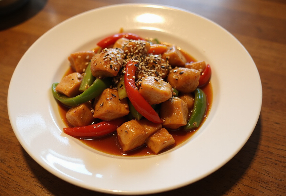 Final presentation of Sweet & Sour Chicken, a low-calorie and high-protein dish, showcasing colorful ingredients and garnished for an appetizing look.