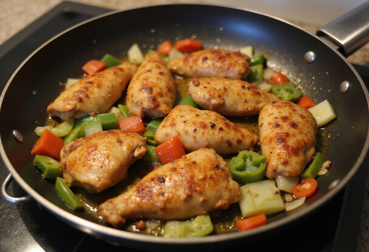 Cooking Sweet & Sour Chicken with sautéed chicken breast and colorful bell peppers in a frying pan for a healthy low-calorie meal.