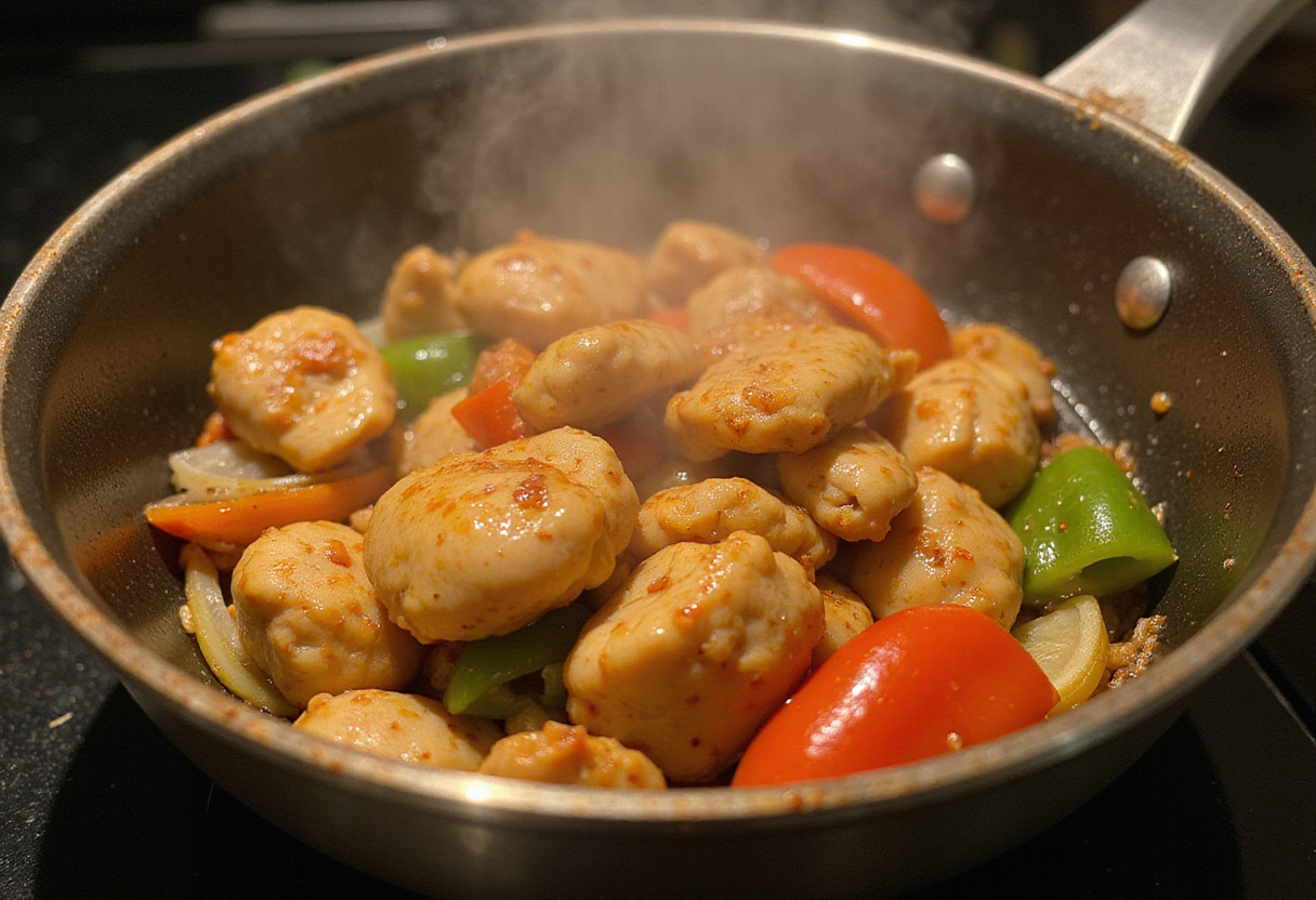 Combining chicken and vegetables with sweet and sour sauce for a healthy, high-protein meal in the kitchen.