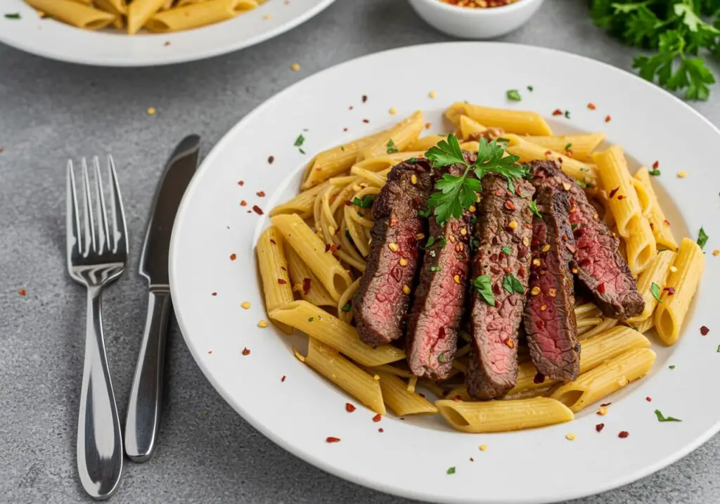 Deliciously plated Sweet and Spicy Garlic Steak Pasta with vibrant colors, garnished and ready to serve, showcasing a perfect meal.