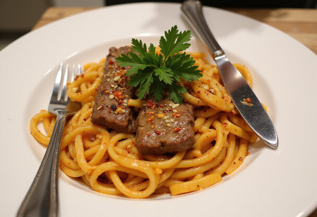Deliciously plated Sweet and Spicy Garlic Steak Pasta with vibrant colors, garnished and ready to serve, showcasing a perfect meal.