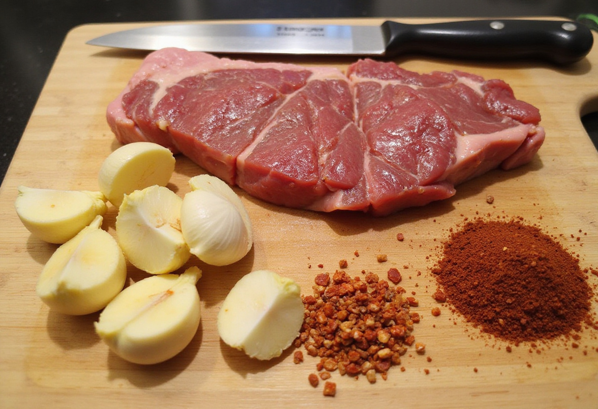 Fresh ingredients for Sweet and Spicy Garlic Steak Pasta, including garlic, steak, and pasta on a rustic wooden counter.
