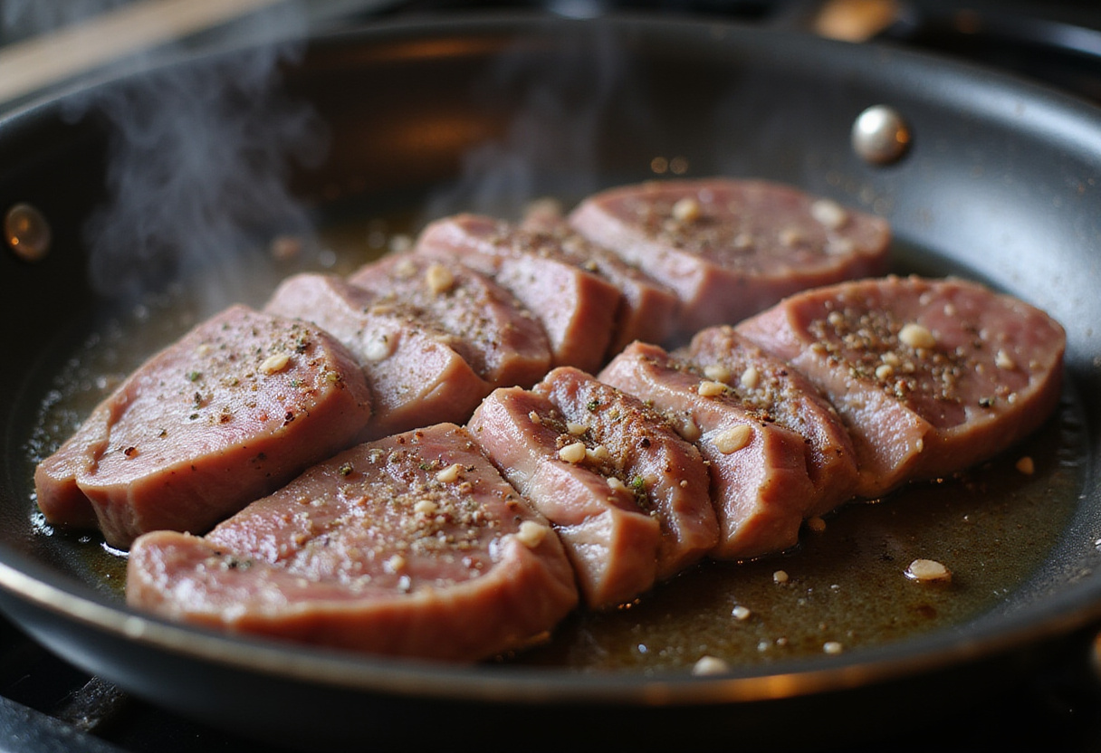 Searing steak in a skillet for Sweet and Spicy Garlic Steak Pasta, showcasing the cooking process with a golden brown crust.