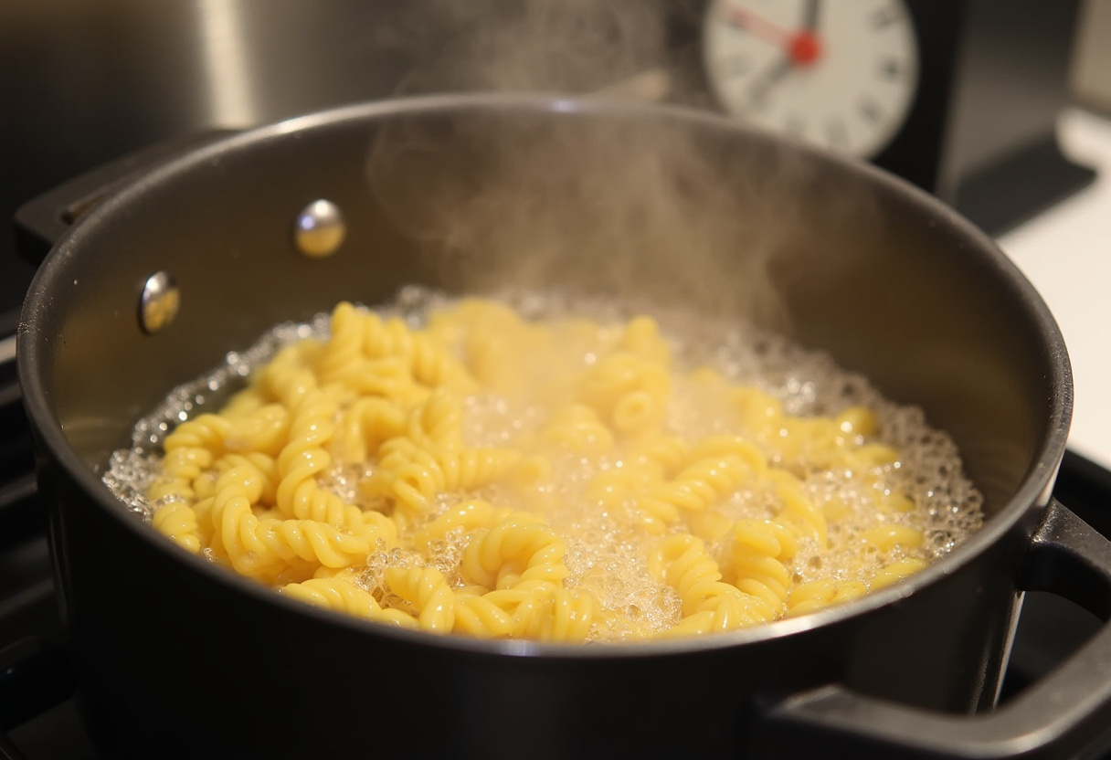 Cooking pasta for Sweet and Spicy Garlic Steak Pasta, with bubbles and steam illustrating the boiling process.