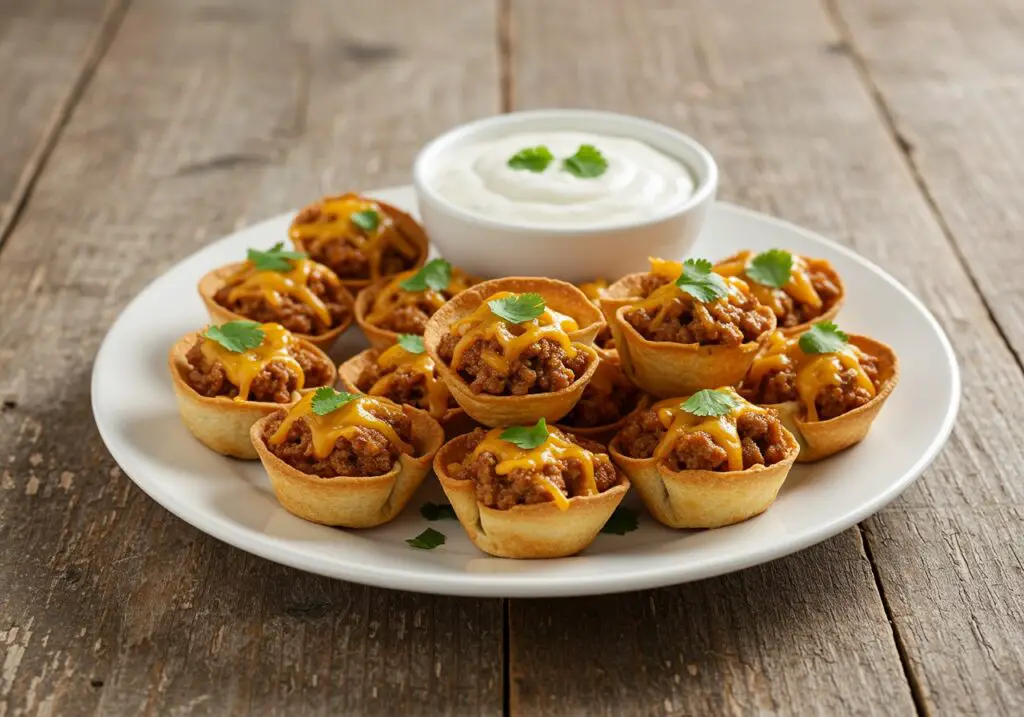Final presentation of Taco Ranch Bites served on a plate with ranch dressing, perfect for parties or gatherings.
