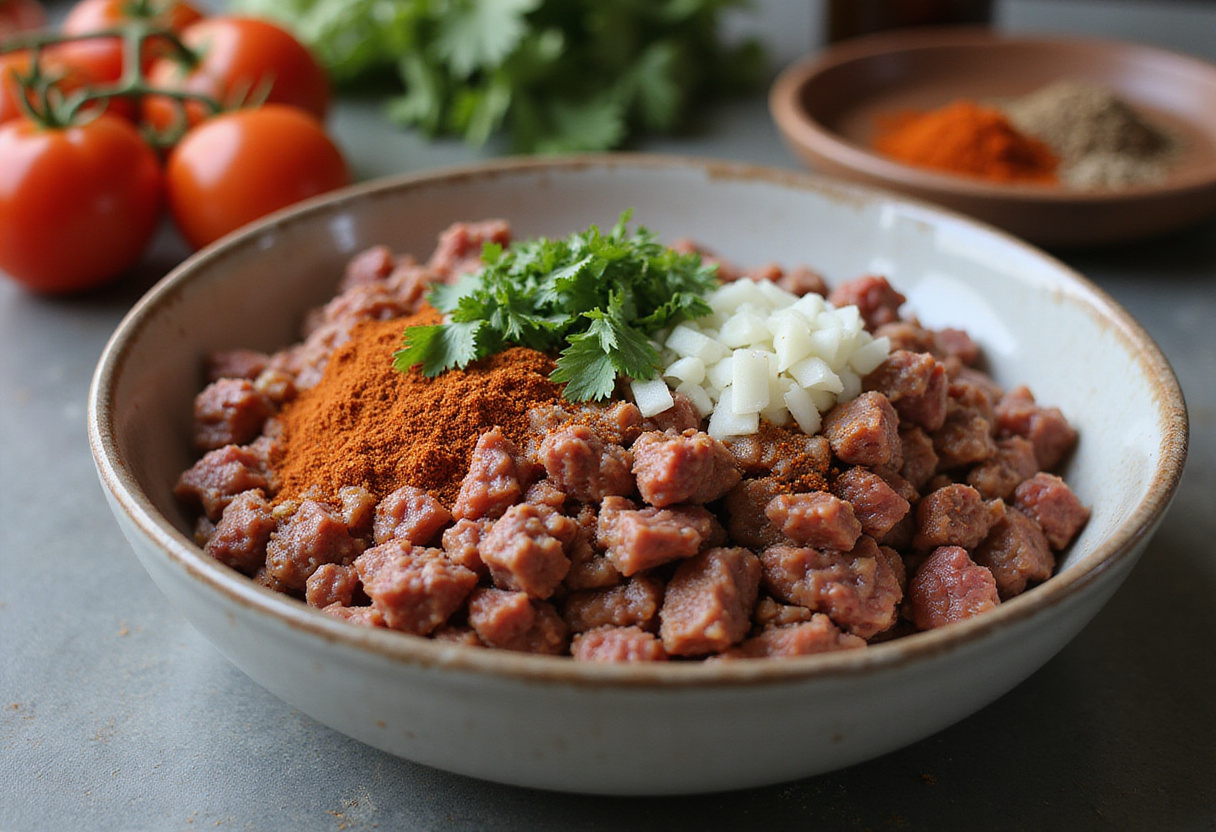 Ground beef mixed with taco spices and vegetables for Taco Ranch Bites preparation in a vibrant kitchen.