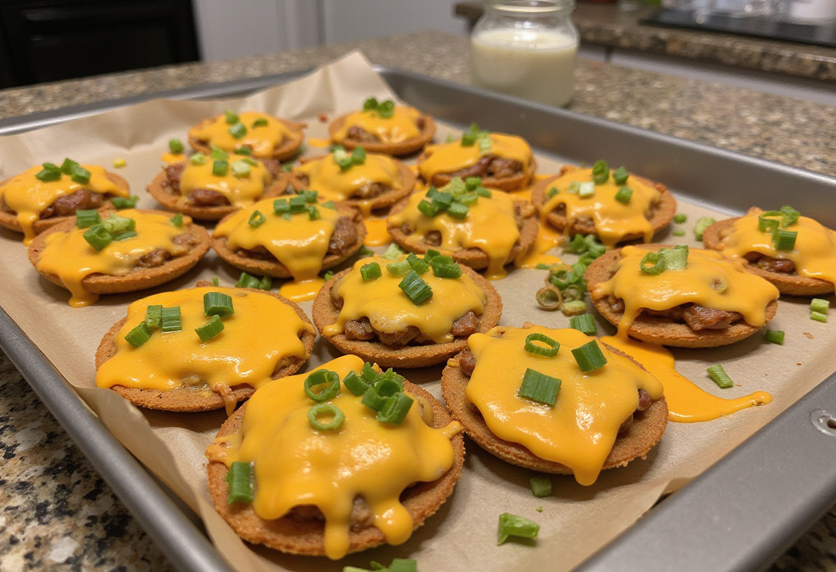 Assembled Taco Ranch Bites on a baking sheet topped with cheese and ranch dressing ready for baking.