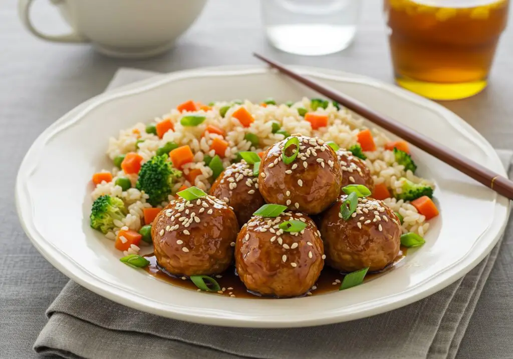 Delicious teriyaki chicken meatballs served on a plate with rice and vegetables, an appetizing presentation for a delightful meal.