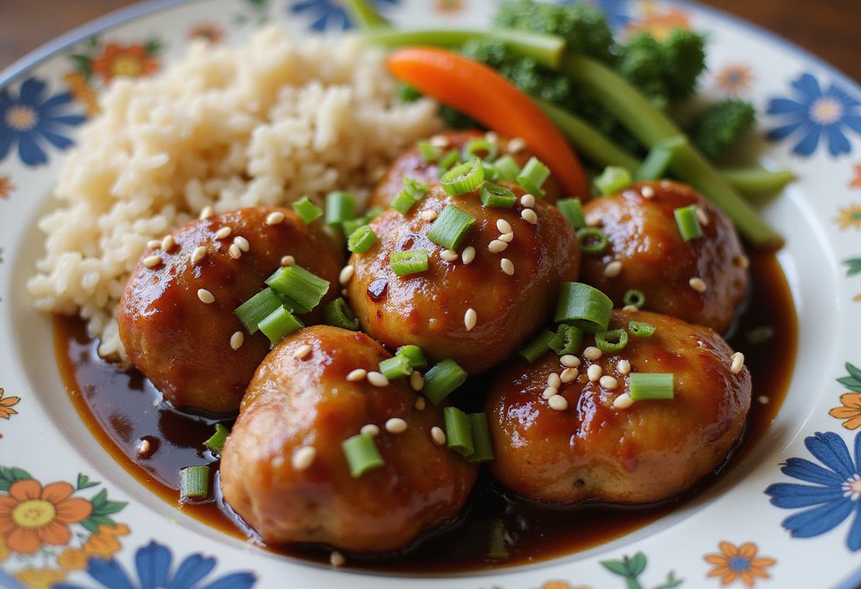 Delicious teriyaki chicken meatballs served on a plate with rice and vegetables, an appetizing presentation for a delightful meal.