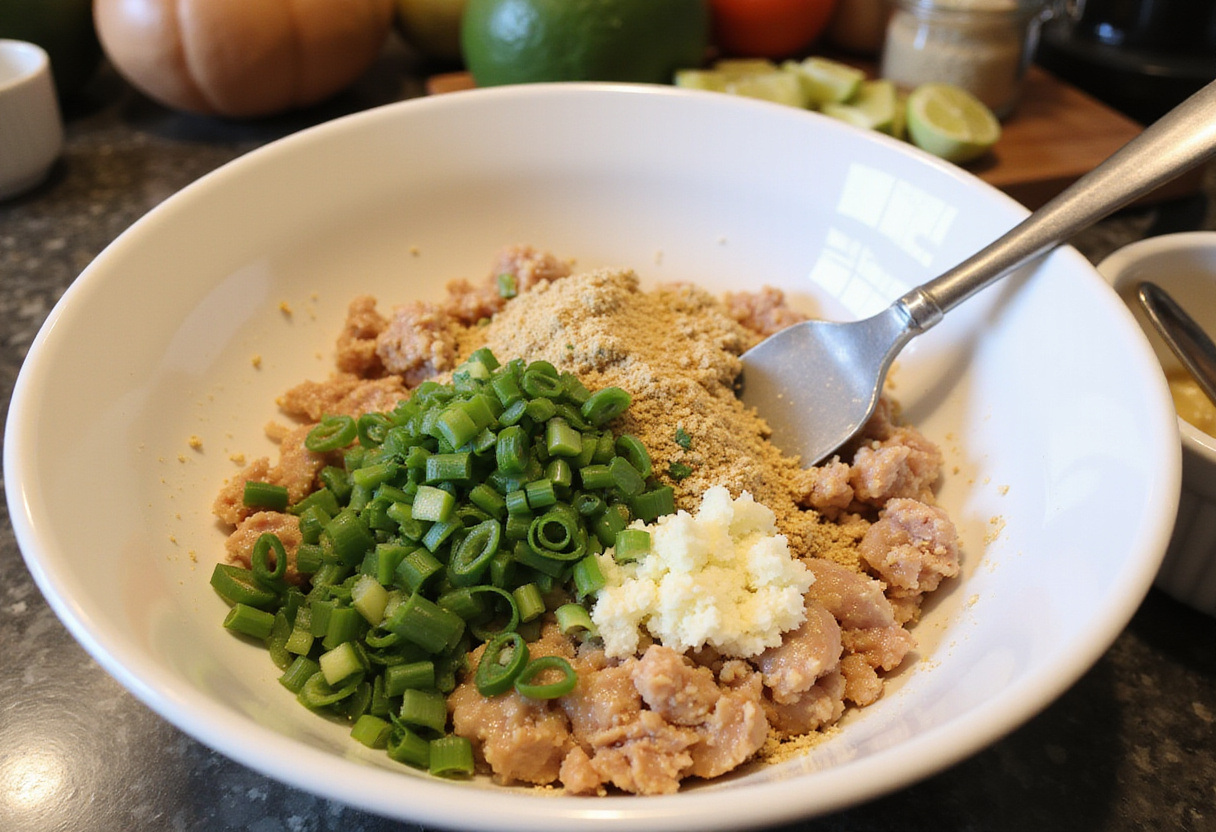 Mixing ground chicken, garlic, and ginger for teriyaki chicken meatballs in a well-equipped kitchen.