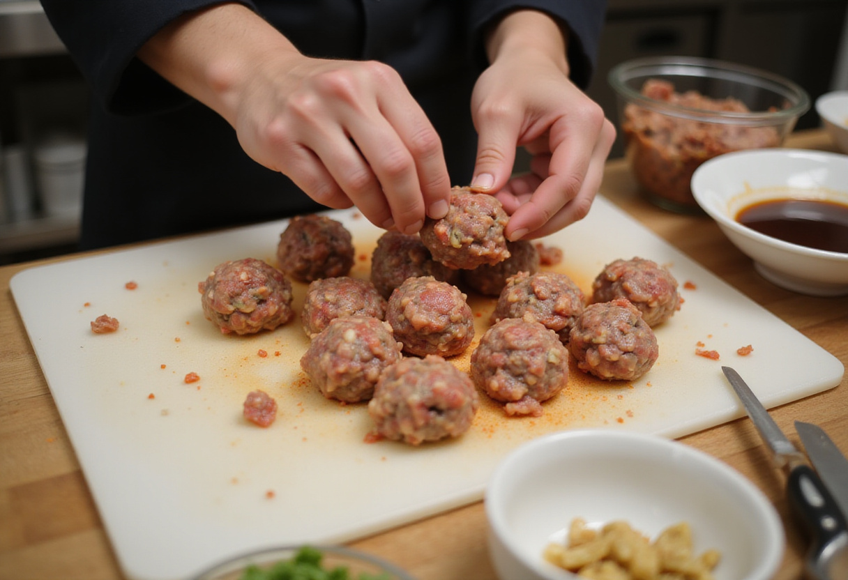 Shaping chicken meatballs for teriyaki chicken meatballs on a clean cutting board with a bowl of sauce nearby.
