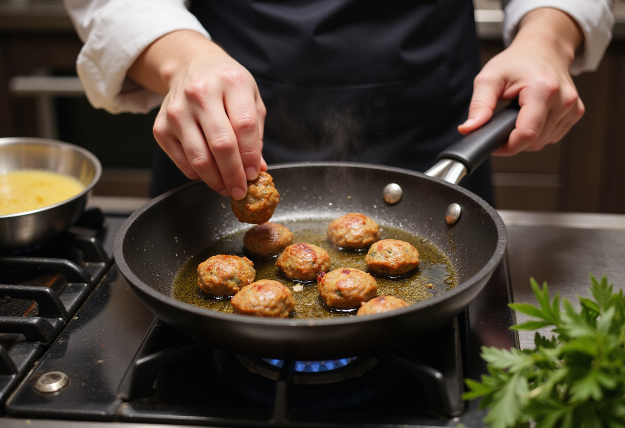 Cooking chicken meatballs in a frying pan, preparing teriyaki chicken meatballs in a modern kitchen setting.