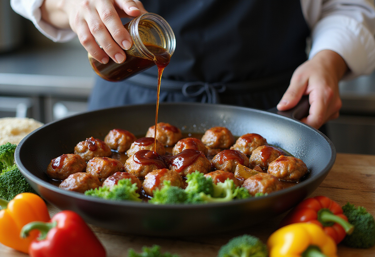 Adding teriyaki sauce to chicken meatballs in a pan, creating a delicious teriyaki flavor with vibrant vegetables.