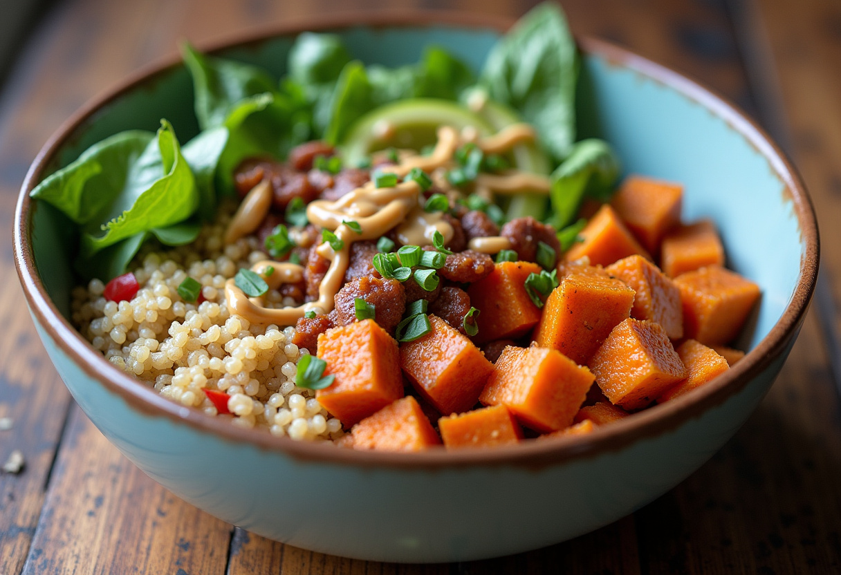 Final presentation of the Thai Peanut Sweet Potato Buddha Bowl, highlighting colorful ingredients packed with nutrition and flavor for a healthy lunch or dinner.