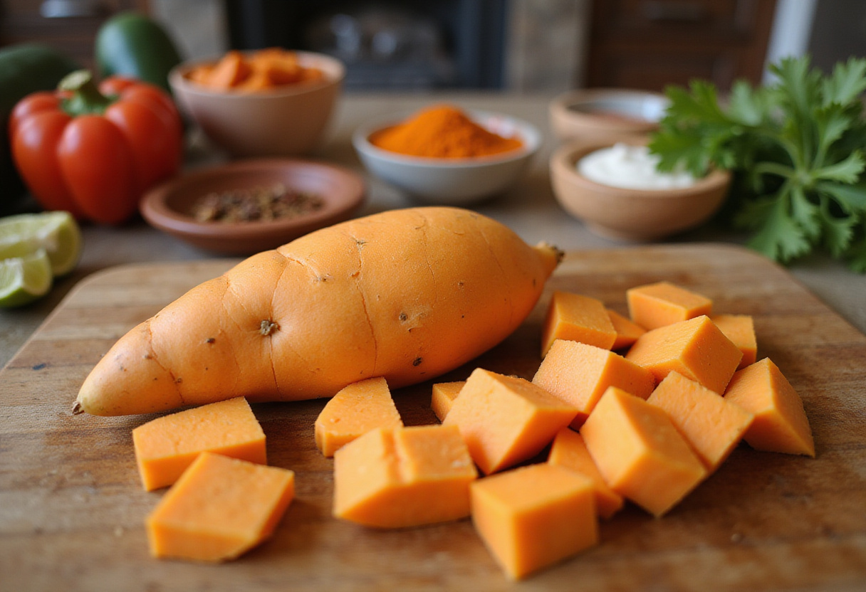Sliced sweet potato for a Thai Peanut Sweet Potato Buddha Bowl, showcasing fresh ingredients and vibrant colors for wholesome meals.
