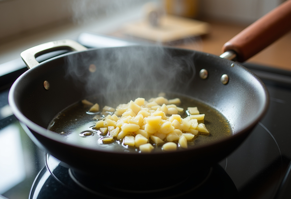 Sauteing garlic and ginger for a Thai Peanut Sweet Potato Buddha Bowl, enhancing the flavors with a warm and inviting kitchen ambiance.