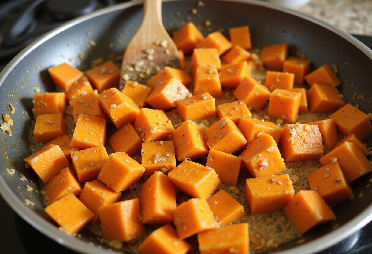 Cooking sweet potato cubes with garlic and ginger for Thai Peanut Sweet Potato Buddha Bowl, depicting the process of creating rich, flavorful dishes.