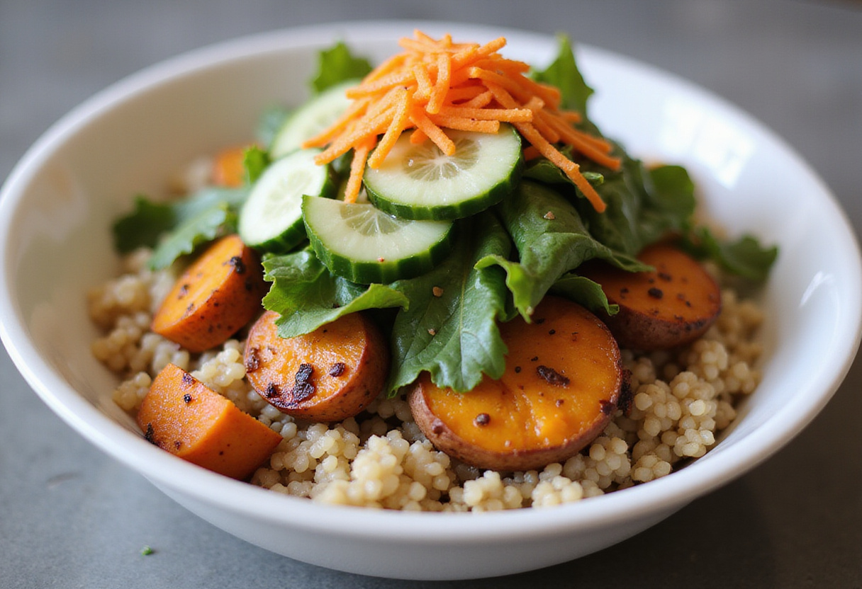 Assembling a Thai Peanut Sweet Potato Buddha Bowl with quinoa, sweet potatoes, and fresh vegetables for a nutritious and vibrant meal.