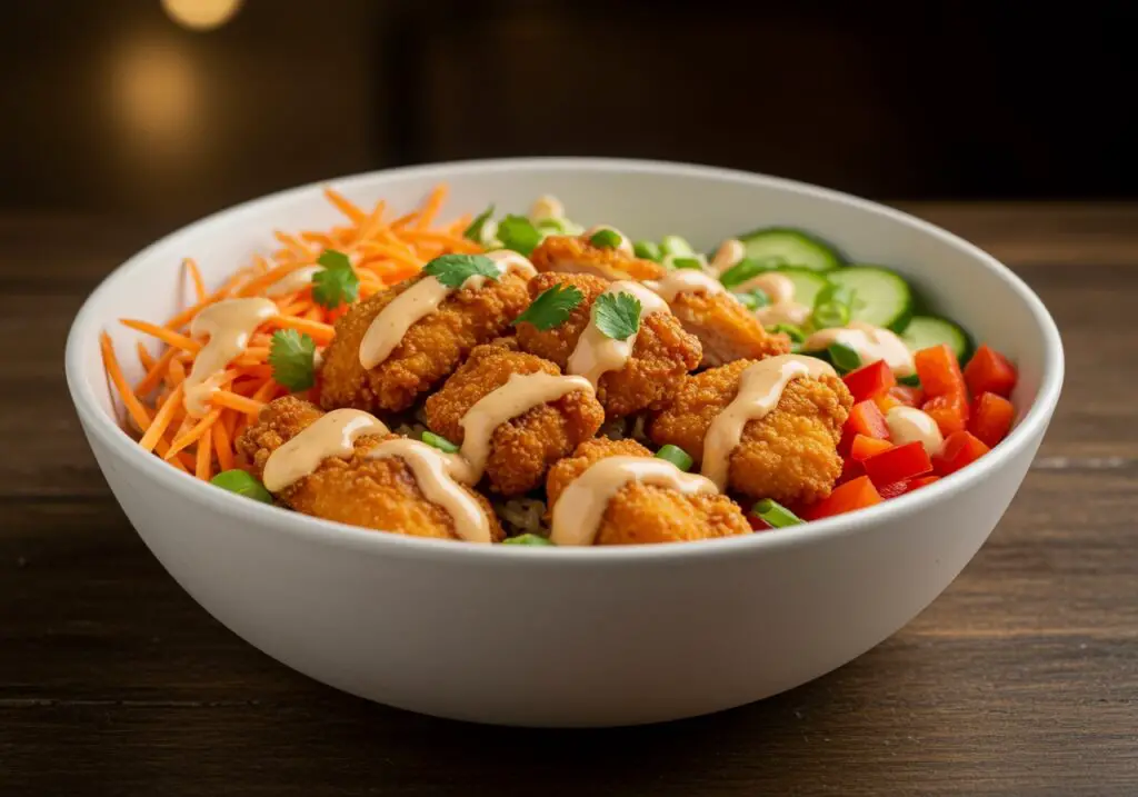 Final presentation of the BEST Bang Bang Chicken Bowl, colorful and appetizing meal, creamy, crispy, and delicious chicken bowl.
